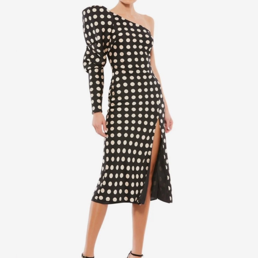 Mac Duggal Elegant Black and White Polka Dot One-Shoulder Dress